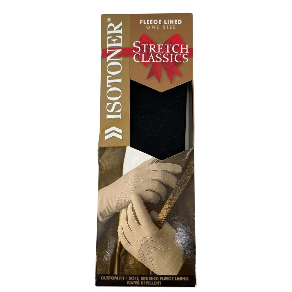 Isotoner Stretch Classics Fleece Lined Gloves Black Leather Palm Womens One Size